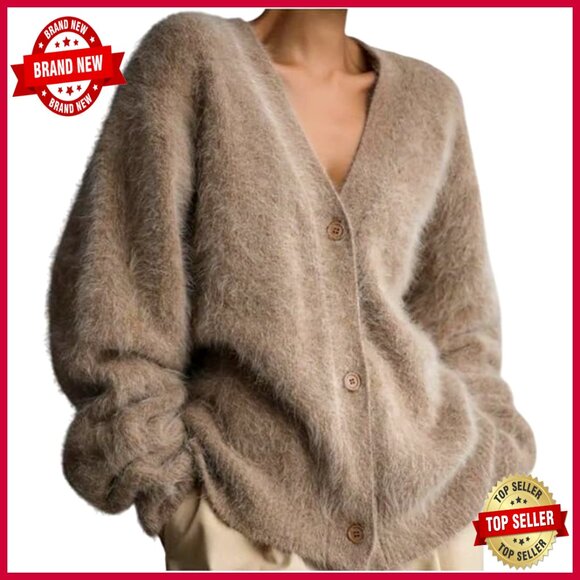 Sweaters - Fuzzy V Neck Button Down Oversized Cardigan Sweater Y2K Chic Vintage Knit